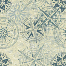 Grunge Nautical Rose Wind Compass Vintage Vector Seamless Pattern