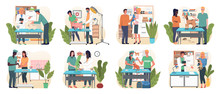 Veterinary Flat Set With Pet Carriage Vet Clinic And Doctor Isolated, Vector. Medical Personnel With Animals. Veterinarians In Medical Gowns, Doctor In Uniform Holding Various Pets. Medical Vet Care