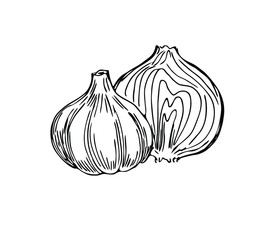 Wall Mural - Garlic and onion half in line art style.