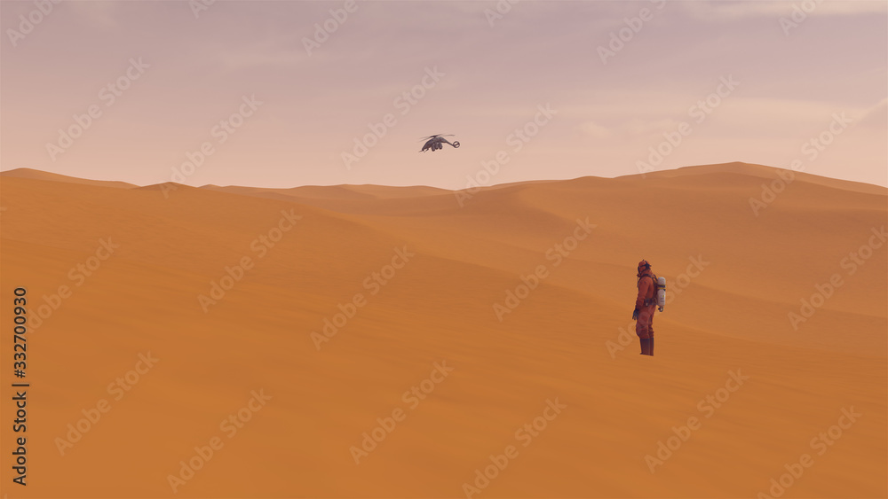 Sci-Fi Helicopter Flying Over Desert Sand Dunes with Person in a Hazmat Suits Observing it