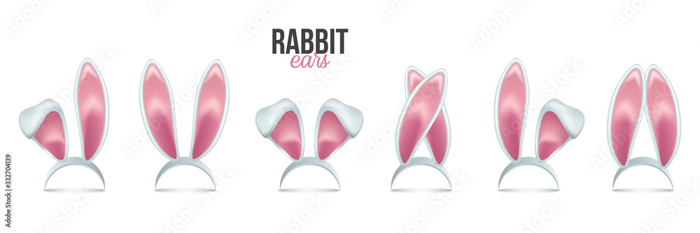 Rabbit ears realistic 3d vector illustrations set. Easter bunny ears kid headband, mask collection. Hare costume pink cartoon element. Photo editor, booth, video chat app color isolated cliparts. - obrazy, fototapety, plakaty 