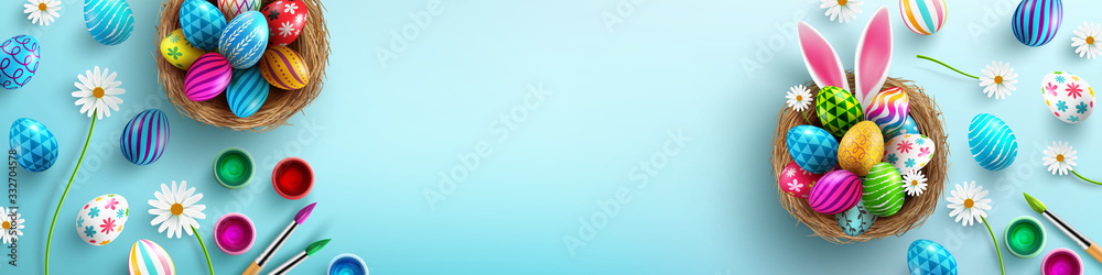 Easter poster background template with Easter eggs in the nest on light blue background. Greetings and presents for Easter Day - obrazy, fototapety, plakaty 