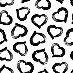 Poster - Seamless pattern with hearts brush strokes. Abstract grunge texture for design romantic prints. Stylish hand drawn hearts. Brush grunge monochrome background. Drawings black, white backdrop. Vector 
