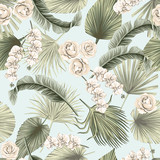 Tropical floral boho dried palm leaves, orchid, rose flower seamless pattern blue background. Exotic jungle wallpaper.