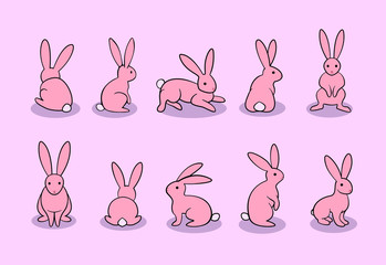 Wall Mural - Pink bunny illustration, set of rabbits, isolated on purple background, easter bunny