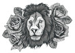 A beautiful lion in a wreath of wild rose. Vector illustration