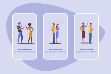 Toxic relationships set. Quarreling couples, arguing friends, night city view. Flat vector illustrations. Conflict, argument concept for banner, website design or landing web page