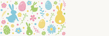 Colourful Easter Decoration. White Background With Decorative Eggs, Bunnies And Flowers. Banner. Vector