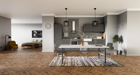 Wall Mural - Apartment with kitchen and bedroom in gray colors, Scandinavian style - 3d rendering