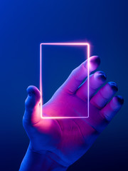 hand holding vertical neon frame. hand illuminated by pink, violet and blue neon lights. 3d renderin
