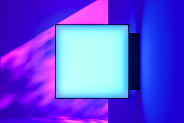 Wall Mural - Blank Blue Illuminated Foursquare Signboard Mock up on Neon Pink And Blue Background With Shadows. 3d rendering