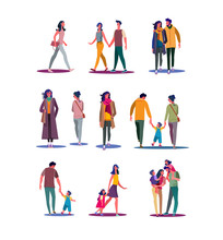 Walking People Set. Men, Women, Couples, Parents With Kids Walking. Flat Illustrations. Moving, People Outside Concept For Banner, Website Design Or Landing Web Page