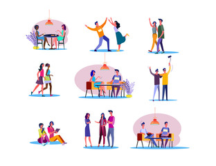 Wall Mural - Happy friends set. Men and women eating in cafe, dancing, doing shopping, taking selfie together. Flat illustrations. Friendship concept for banner, website design or landing web page