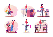 Housework Illustration Set. Woman Doing Shopping, Washing Dish, Cooking, Ironing, Cleaning Apartment. Household Concept. Illustration For Banners, Posters, Website Design