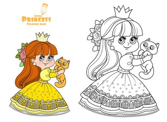 Sticker - Little princess in yellow dress holds cute kitten in hands outlined and color for coloring book