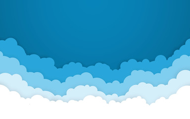 Blue sky with white clouds background. Cartoon flat style design. Vector illustration