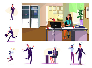 Set of cheerful business people. Flat illustrations of office employees working, running, jumping. Working process concept for banner, website design or landing web page