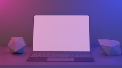Aufkleber - Work from home,minimalism laptop and geometric objects on table with with blue pink neon vibrant light background,3D llustration.