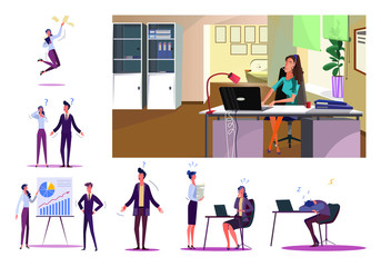 Wall Mural - Set of business people during work. Flat illustrations of employees working, searching ways to solve problems, sleeping. Working process concept for banner, website design or landing web page