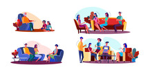 Friendly Meeting Illustration Set. Children Visiting Grandpa, People Talking In Living Room, Friends Enjoying Party. Communication Concept. Illustration For Banners, Posters, Website Design