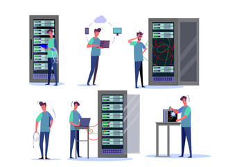 System administrator job set. Hardware professional setting up desktop, cloud server, holding cords. People concept. illustration for topics like job, occupation, hardware