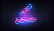 Karaoke Neon Billboard. Neon Sign With Microphone And Karaoke Lettering