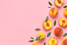 Summer Fruit Background. Flat Lay Composition With Peaches. Ripe Juicy Peaches With Green Leaves On Pink Background. Flat Lay Top View Copy Space. Fresh Organic Fruit Vegan Food. Harvest Concept
