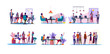 canvas print picture - Corporate discussion illustration set. Colleagues meeting at table, discussing project at workplaces. Communication concept. illustration for topics like business, partnership, teamwork