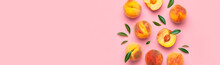 Summer Fruit Background. Flat Lay Composition With Peaches. Ripe Juicy Peaches With Green Leaves On Pink Background. Flat Lay Top View Copy Space. Fresh Organic Fruit Vegan Food. Harvest Concept