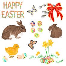 Happy Easter Decoration Chick  Butterfly And Rabbits  Easter Eggs And Daffodils  On Green Grass, Pussy Willov And Bow. Seasonal Holidays In April Set Watercolor Vintage  Vector Illustration 