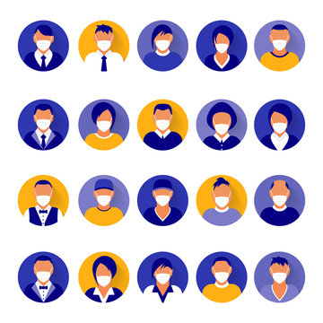 Flat modern minimal avatar icons with medical mask. Business concept, global communication. Web site user profile. Social media, network elements.