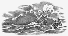 Sinking Ship At Sea. Ocean Storm, Strong Waves. Vintage Engraved Monochrome Sketch. Historic Seascape. Vector Illustration For Banner Or Poster. Boat Trip Or Vessel Voyage.