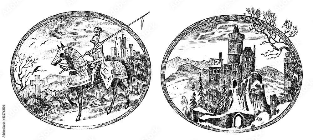 Medieval knight and castle. Antique chateau and cavalier on horseback. Ancient rider. Template for label or badge. Hand drawn engraved monochrome vintage sketch. - obrazy, fototapety, plakaty 