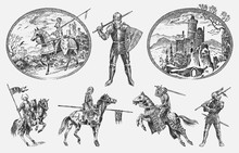 Medieval Armed Knight In Armor And On A Horse. Historical Ancient Military Characters Set. Cavalier With A Spear And A Flag. Ancient Fighters. Vintage Vector Sketch. Engraved Hand Drawn Illustration.