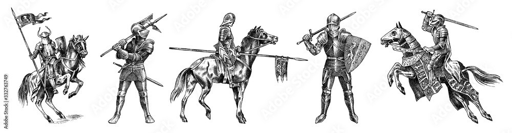 Medieval armed knight in armor and on a horse. Historical ancient military characters set. Prince with a spear and a flag. Ancient fighters. Vintage vector sketch. Engraved hand drawn illustration. - obrazy, fototapety, plakaty 