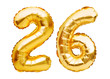 Number 26 twenty six made of golden inflatable balloons isolated on white. Helium balloons, gold foil numbers. Party decoration, anniversary sign for holidays, celebration, birthday, carnival