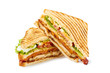 Two halves of club sandwich on white
