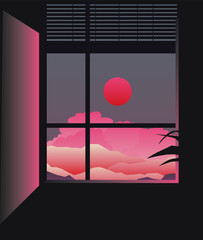 Poster - Dark ambient room. The window looks out across the landscape with sunset above the mountains or hills. Minimalist vector illustration.