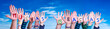 Children Hands Building Colorful Spanish Word Muchas Gracias Means Thank You. Blue Sky As Background