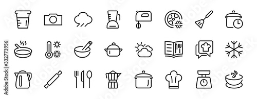 Fotografía Set of icons for cooking and kitchen, vector lines, contains icons such as a knife, saucepan, boiling time, mixer, scales, recipe book