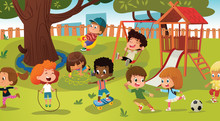 Group Of Kids Playing Game On A Public Park Or School Playground With With Swings, Slides, Skate, Ball, Crayons, Rope, Playing Catch-up Game. Happy Childhood. Modern Illustration. Clipart