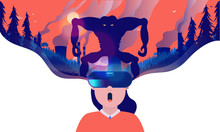 Virtual Reality Horror - Woman Using VR Headset To Get Scared. Scary Monster In A Apocalyptic Landscape And Red Sky. Video Game, Entertainment And Technology Concept.