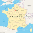 France, political map. Regions of Metropolitan France. French Republic with capital Paris and 13 administrative regions on the mainland of Europe and their prefectures. English. Illustration. Vector.