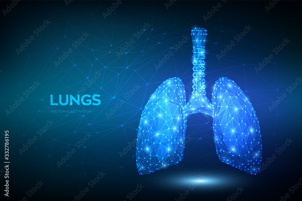 Lungs. Low polygonal human respiratory system lungs anatomy. Treatment of lung diseases. Medicine cure tuberculosis, pneumonia, asthma. Abstract health care medical concept. Vector illustration. - obrazy, fototapety, plakaty 