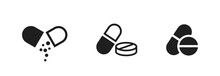 Pill Icon Set. Medicament And Pharmaceutical Symbol. Medical Design Element