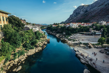 Canvas Print - View from Old Bridge over Neretva river, foremost landmark of Old Town of Mostar, Bosnia and Herzegovina