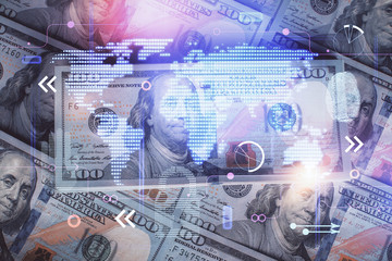 Poster - Double exposure of world map drawing over us dollars bill background. International concept.