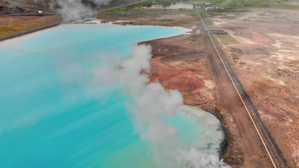 Myvatn Lake Thermal Spring in summer season, aerial view, Iceland