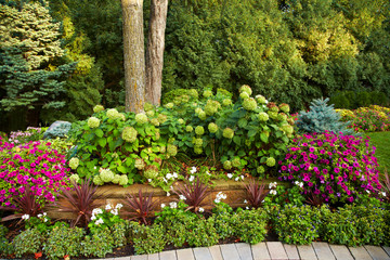 Pretty frontyard garden with flowers, plants, trees, mostly green with pink highlights