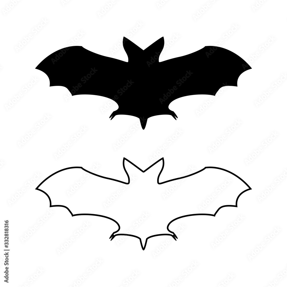 Flying Bat vector black silhouette and outline isolated on white ...